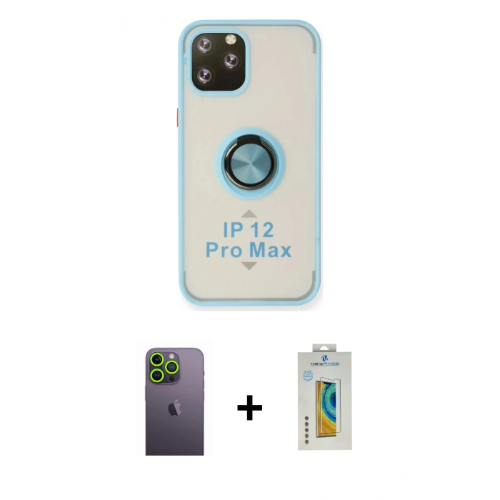 MARSİLYAN™- iPhone 12 Pro Max Kılıf Yörünge Çizgi - Siyah Polymer Nano Ekran Koruyucu + Neon Fosforlu Kamera Lens - YL