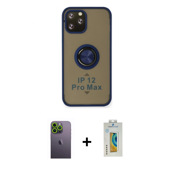 MARSİLYAN™- iPhone 12 Pro Max Kılıf Yörünge Çizgi - Siyah Polymer Nano Ekran Koruyucu + Neon Fosforlu Kamera Lens - YL