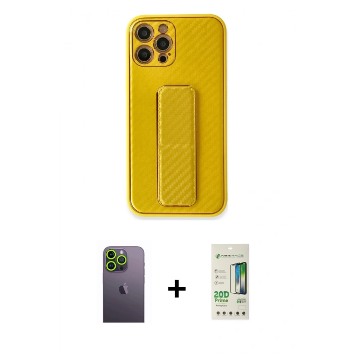 MARSİLYAN™- iPhone 12 Pro Max Kılıf Yörünge Yansıma - Siyah 20D Premium Cam Ekran Koruyucu + Neon Fosforlu Kamera Lens - YL