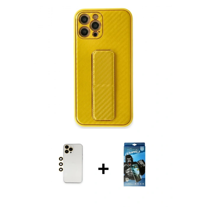 MARSİLYAN™- iPhone 12 Pro Max Kılıf Yörünge Yansıma - Siyah 34D Izgaralı Cam + Shine Kamera Lens - GD