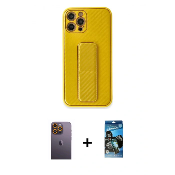 MARSİLYAN™- iPhone 12 Pro Max Kılıf Yörünge Yansıma - Siyah 34D Izgaralı Cam + Neon Fosforlu Kamera Lens - SI