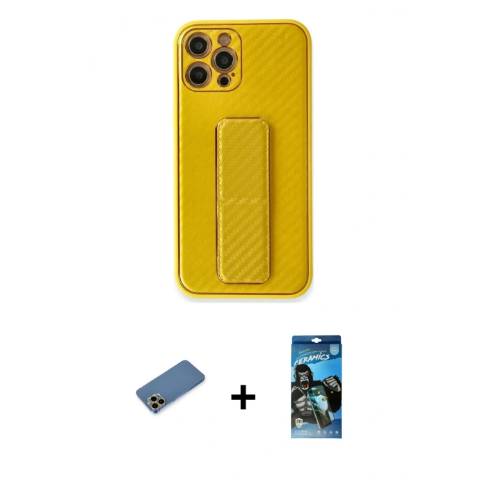 MARSİLYAN™- iPhone 12 Pro Max Kılıf Yörünge Yansıma - Siyah 34D Izgaralı Cam + Shine Kamera Lens Koruma Cam - GD