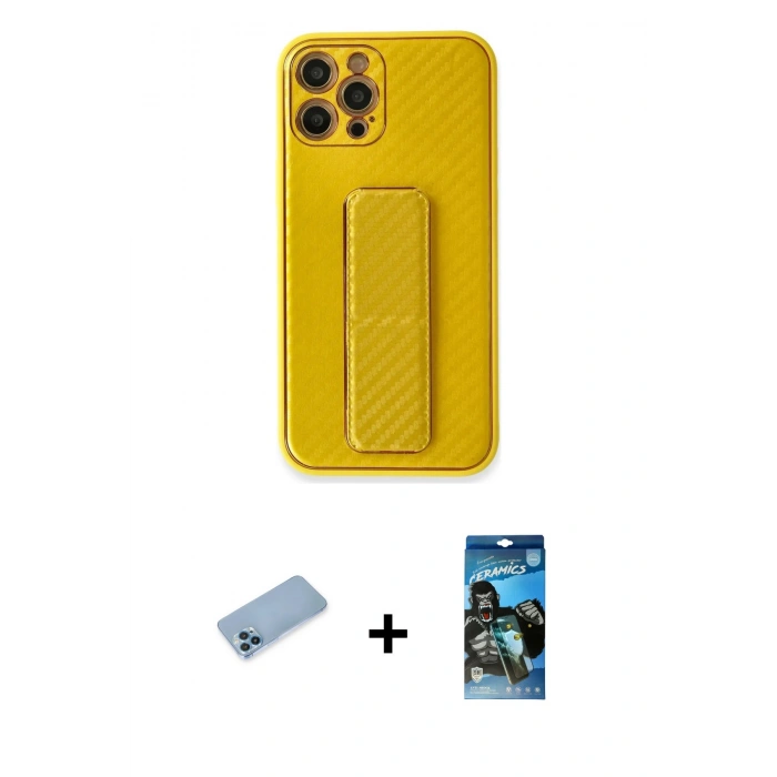 MARSİLYAN™- iPhone 12 Pro Max Kılıf Yörünge Yansıma - Siyah 34D Izgaralı Cam + Shine Kamera Lens Koruma Cam - MI