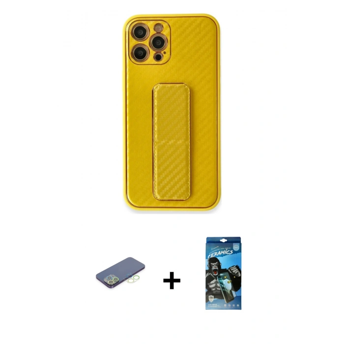 MARSİLYAN™- iPhone 12 Pro Max Kılıf Yörünge Yansıma - Siyah 34D Izgaralı Cam + Renkli Kamera Lens Koruma Cam - YL