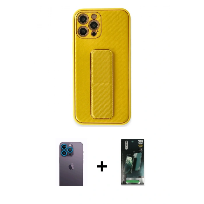 MARSİLYAN™- iPhone 12 Pro Max Kılıf Yörünge Yansıma - Siyah 360 Mat Full Body Arka Koruyucu + Neon Fosforlu Kamera Lens - MI