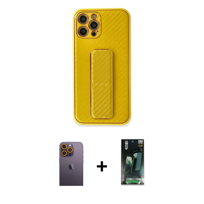 MARSİLYAN™- iPhone 12 Pro Max Kılıf Yörünge Yansıma - Siyah 360 Mat Full Body Arka Koruyucu + Neon Fosforlu Kamera Lens - SI