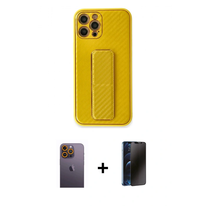 MARSİLYAN™- iPhone 12 Pro Max Kılıf Yörünge Yansıma - Siyah 3D Antistatik Hayalet Cam Ekran Koruyucu + Neon Fosforlu Kamera Lens - SI