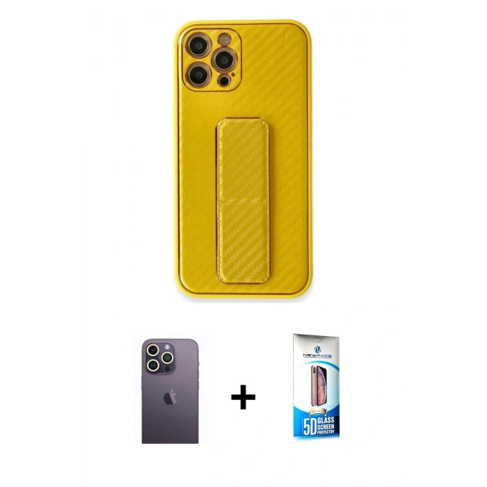 MARSİLYAN™- iPhone 12 Pro Max Kılıf Yörünge Yansıma - Siyah 5D Eko Cam Ekran Koruyucu + Neon Fosforlu Kamera Lens - BZ