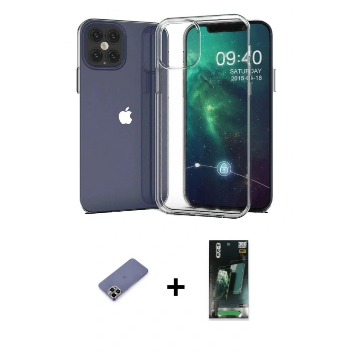MARSİLYAN™- iPhone 12 Pro Max Kılıf Zirve Doku - Şeffaf 360 Full Body Arka Koruyucu + Metal Kamera Lens Koruma Cam - GD
