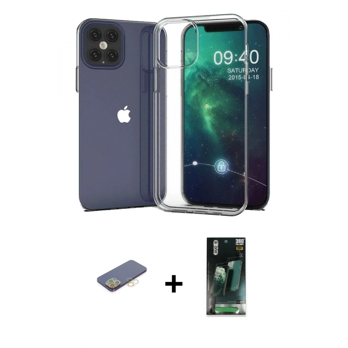 MARSİLYAN™- iPhone 12 Pro Max Kılıf Zirve Doku - Şeffaf 360 Full Body Arka Koruyucu + Renkli Kamera Lens Koruma Cam - SI