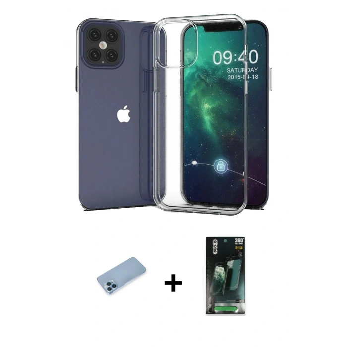 MARSİLYAN™- iPhone 12 Pro Max Kılıf Zirve Doku - Şeffaf 360 Full Body Arka Koruyucu + Shine Kamera Lens Koruma Cam - MI