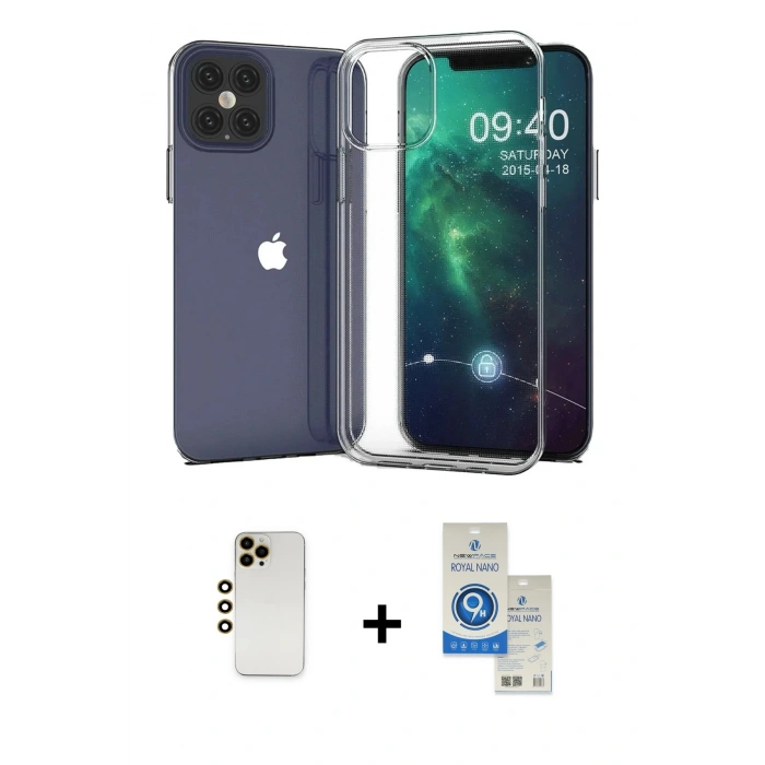 MARSİLYAN™- iPhone 12 Pro Max Kılıf Zirve Doku - Şeffaf Royal Nano Ekran Koruyucu + Shine Kamera Lens - GD