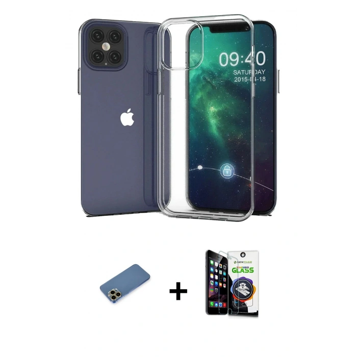 MARSİLYAN™- iPhone 12 Pro Max Kılıf Zirve Doku - Şeffaf Temperli Cam Ekran Koruyucu + Shine Kamera Lens Koruma Cam - GD