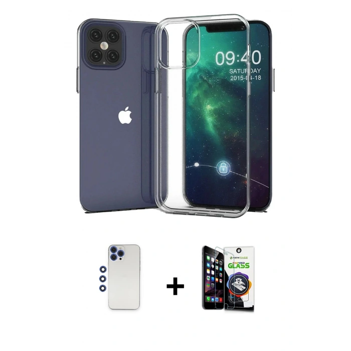 MARSİLYAN™- iPhone 12 Pro Max Kılıf Zirve Doku - Şeffaf Temperli Cam Ekran Koruyucu + Shine Kamera Lens - LT