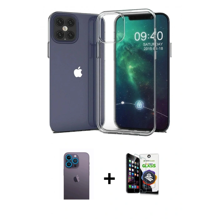MARSİLYAN™- iPhone 12 Pro Max Kılıf Zirve Doku - Şeffaf Temperli Cam Ekran Koruyucu + Neon Fosforlu Kamera Lens - MI