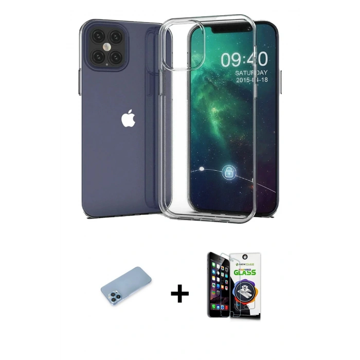 MARSİLYAN™- iPhone 12 Pro Max Kılıf Zirve Doku - Şeffaf Temperli Cam Ekran Koruyucu + Shine Kamera Lens Koruma Cam - MI