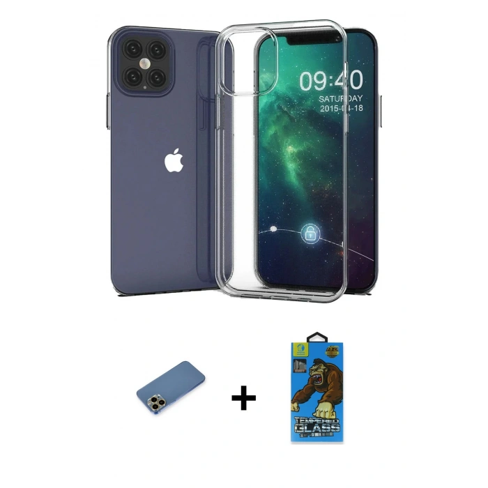 MARSİLYAN™- iPhone 12 Pro Max Kılıf Zirve Doku - Siyah 18D Cam Ekran Koruyucu + Shine Kamera Lens Koruma Cam - GD