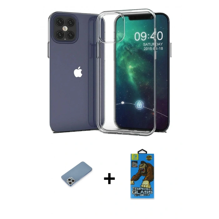 MARSİLYAN™- iPhone 12 Pro Max Kılıf Zirve Doku - Siyah 18D Cam Ekran Koruyucu + Shine Kamera Lens Koruma Cam - GS