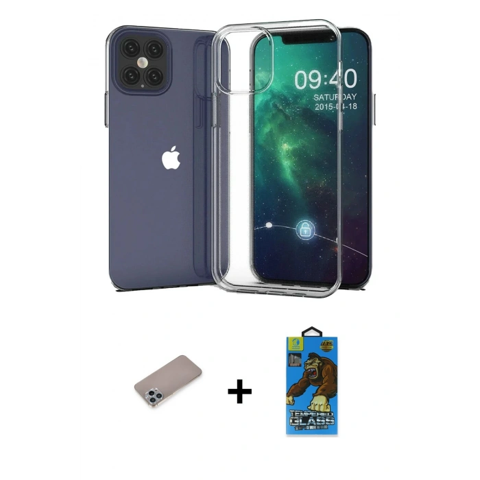 MARSİLYAN™- iPhone 12 Pro Max Kılıf Zirve Doku - Siyah 18D Cam Ekran Koruyucu + Shine Kamera Lens Koruma Cam - SABE