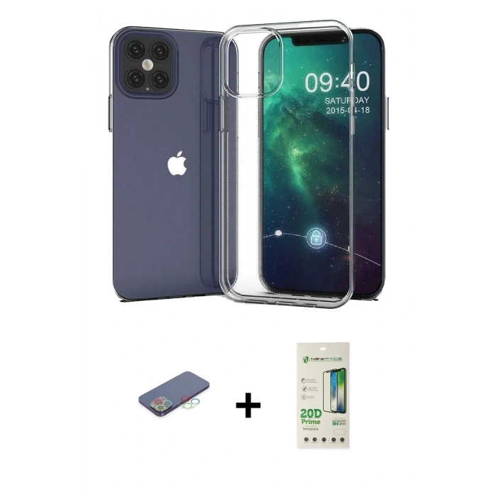 MARSİLYAN™- iPhone 12 Pro Max Kılıf Zirve Doku - Siyah 20D Premium Cam Ekran Koruyucu + Renkli Kamera Lens Koruma Cam - MI
