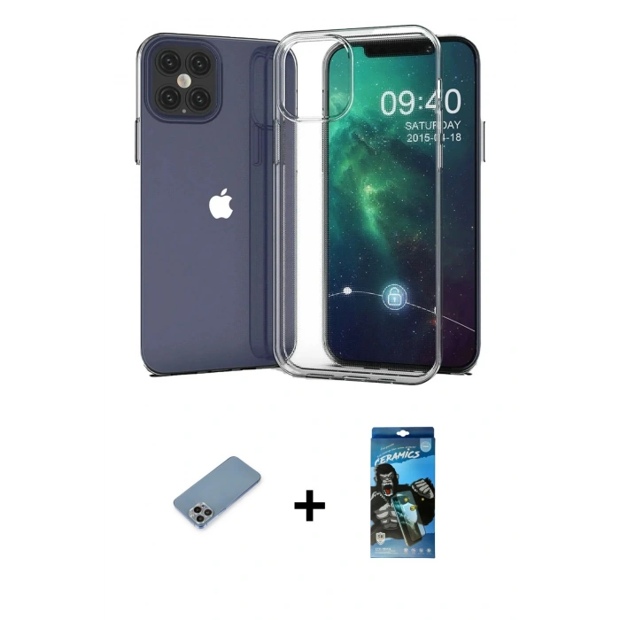 MARSİLYAN™- iPhone 12 Pro Max Kılıf Zirve Doku - Siyah 34D Izgaralı Cam + Shine Kamera Lens Koruma Cam - GI