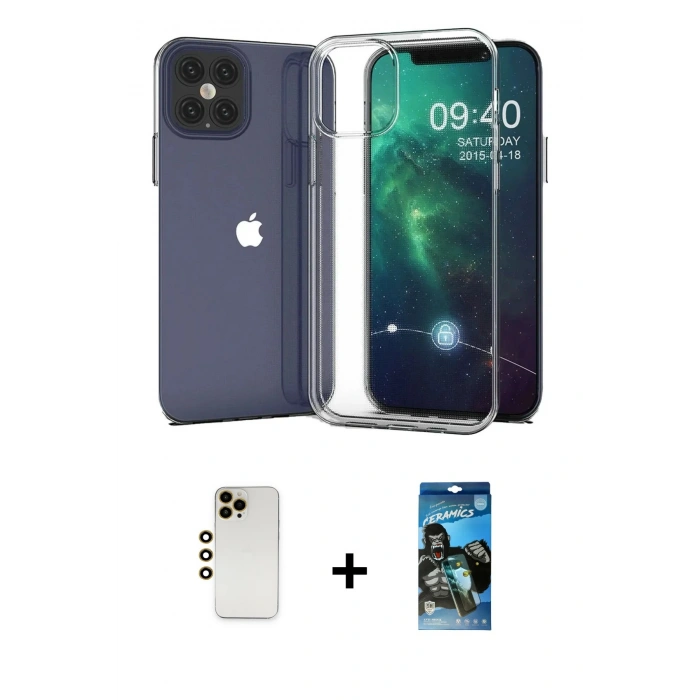 MARSİLYAN™- iPhone 12 Pro Max Kılıf Zirve Doku - Siyah 34D Izgaralı Cam + Shine Kamera Lens - GD
