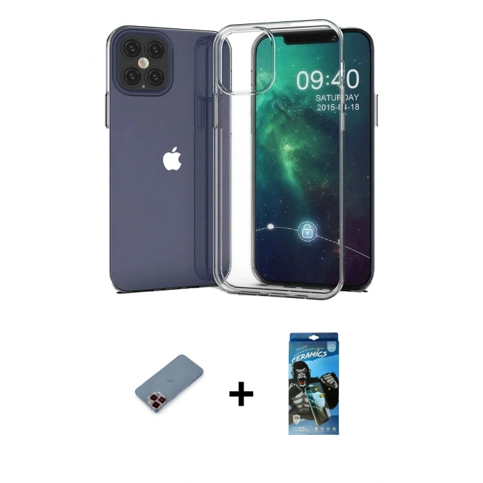 MARSİLYAN™- iPhone 12 Pro Max Kılıf Zirve Doku - Siyah 34D Izgaralı Cam + Metal Kamera Lens Koruma Cam - KI