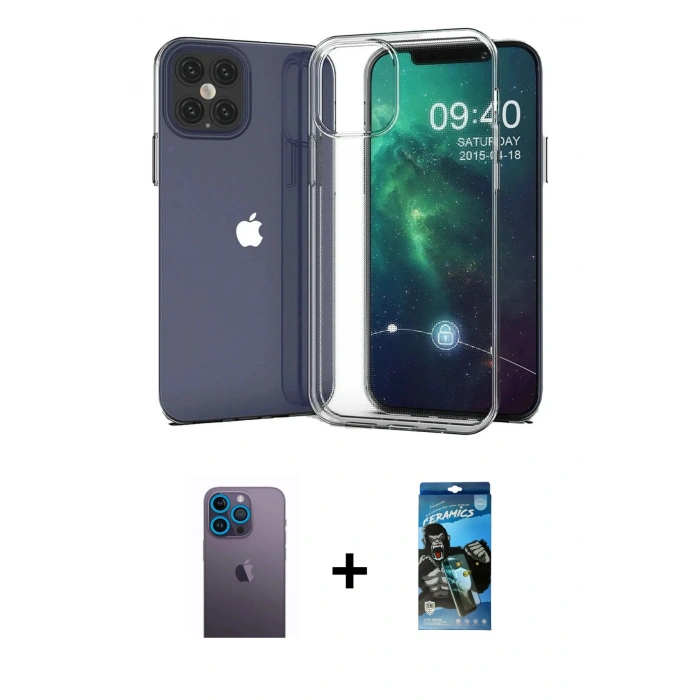 MARSİLYAN™- iPhone 12 Pro Max Kılıf Zirve Doku - Siyah 34D Izgaralı Cam + Neon Fosforlu Kamera Lens - MI