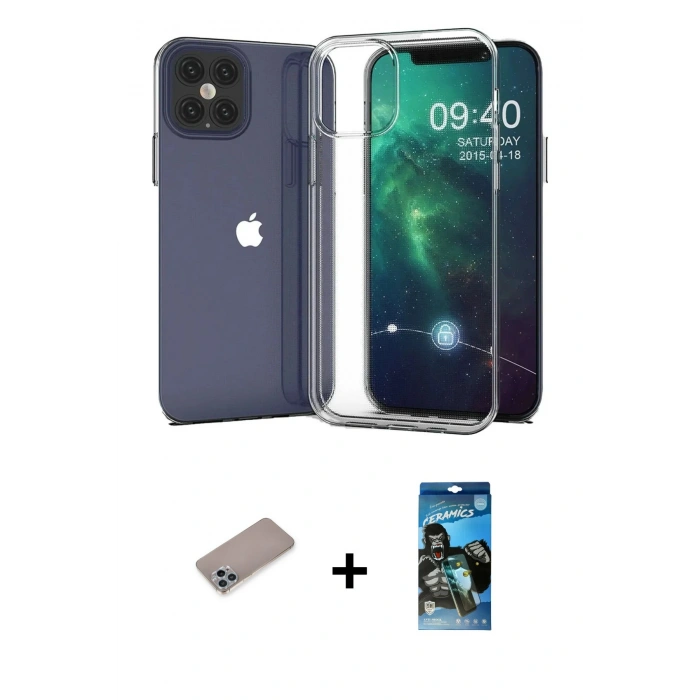 MARSİLYAN™- iPhone 12 Pro Max Kılıf Zirve Doku - Siyah 34D Izgaralı Cam + Shine Kamera Lens Koruma Cam - SABE