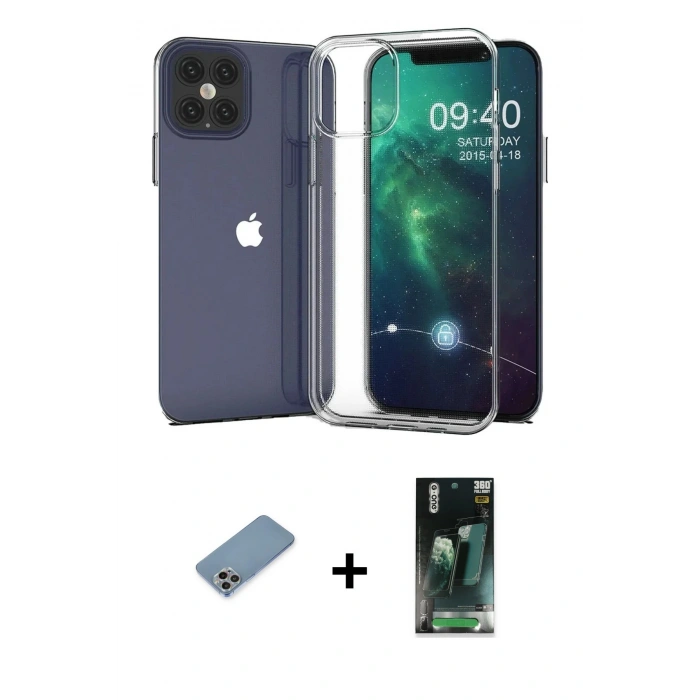 MARSİLYAN™- iPhone 12 Pro Max Kılıf Zirve Doku - Siyah 360 Mat Full Body Arka Koruyucu + Shine Kamera Lens Koruma Cam - GI