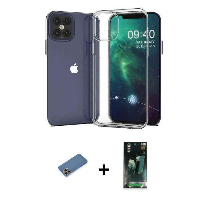 MARSİLYAN™- iPhone 12 Pro Max Kılıf Zirve Doku - Siyah 360 Mat Full Body Arka Koruyucu + Shine Kamera Lens Koruma Cam - GD