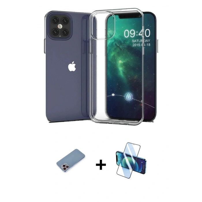 MARSİLYAN™- iPhone 12 Pro Max Kılıf Zirve Doku - Siyah 3D Antistatik Cam Ekran Koruyucu + Shine Kamera Lens Koruma Cam - PE