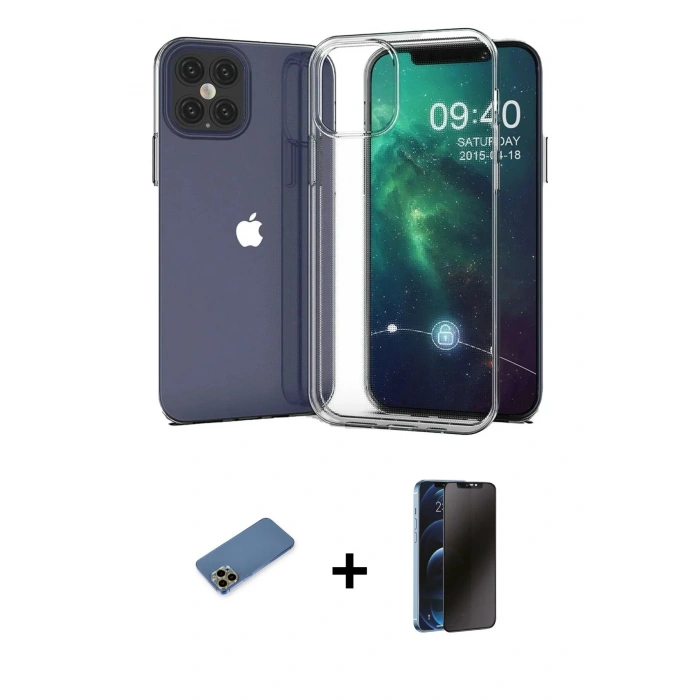 MARSİLYAN™- iPhone 12 Pro Max Kılıf Zirve Doku - Siyah 3D Antistatik Hayalet Cam Ekran Koruyucu + Shine Kamera Lens Koruma Cam - GD