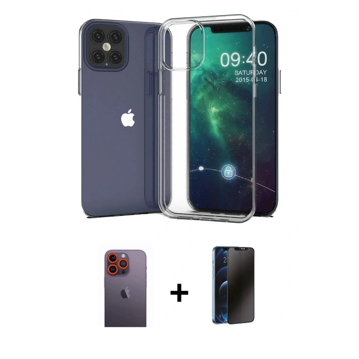 MARSİLYAN™- iPhone 12 Pro Max Kılıf Zirve Doku - Siyah 3D Antistatik Hayalet Cam Ekran Koruyucu + Neon Fosforlu Kamera Lens - TU