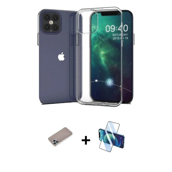 MARSİLYAN™- iPhone 12 Pro Max Kılıf Zirve Doku - Siyah 3D Antistatik Seramik Nano Ekran Koruyucu + Shine Kamera Lens Koruma Cam - SABE