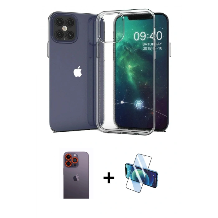 MARSİLYAN™- iPhone 12 Pro Max Kılıf Zirve Doku - Siyah 3D Antistatik Seramik Nano Ekran Koruyucu + Neon Fosforlu Kamera Lens - TU