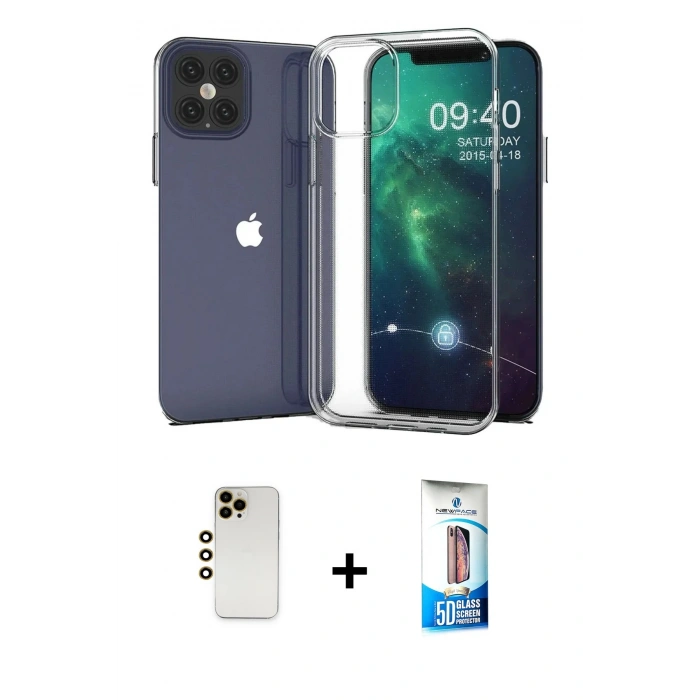 MARSİLYAN™- iPhone 12 Pro Max Kılıf Zirve Doku - Siyah 5D Eko Cam Ekran Koruyucu + Shine Kamera Lens - GD