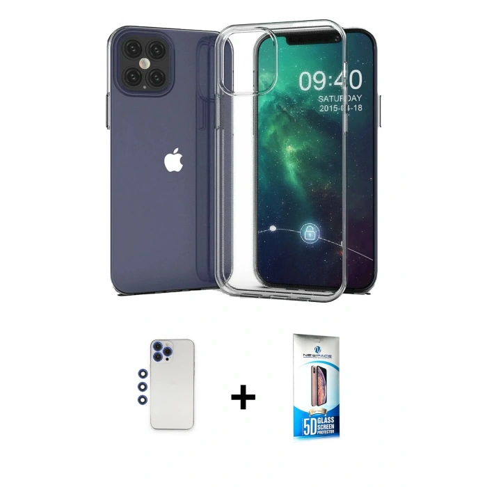 MARSİLYAN™- iPhone 12 Pro Max Kılıf Zirve Doku - Siyah 5D Eko Cam Ekran Koruyucu + Shine Kamera Lens - LT
