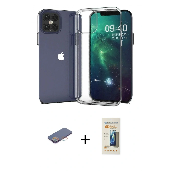 MARSİLYAN™- iPhone 12 Pro Max Kılıf Zirve Doku - Siyah 6D Mat Seramik Hayalet Nano Ekran Koruyucu + Renkli Kamera Lens Koruma Cam - PE