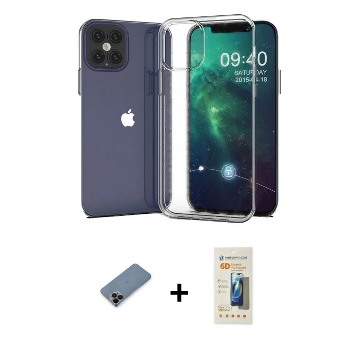 MARSİLYAN™- iPhone 12 Pro Max Kılıf Zirve Doku - Siyah 6D Mat Seramik Hayalet Nano Ekran Koruyucu + Shine Kamera Lens Koruma Cam - SH