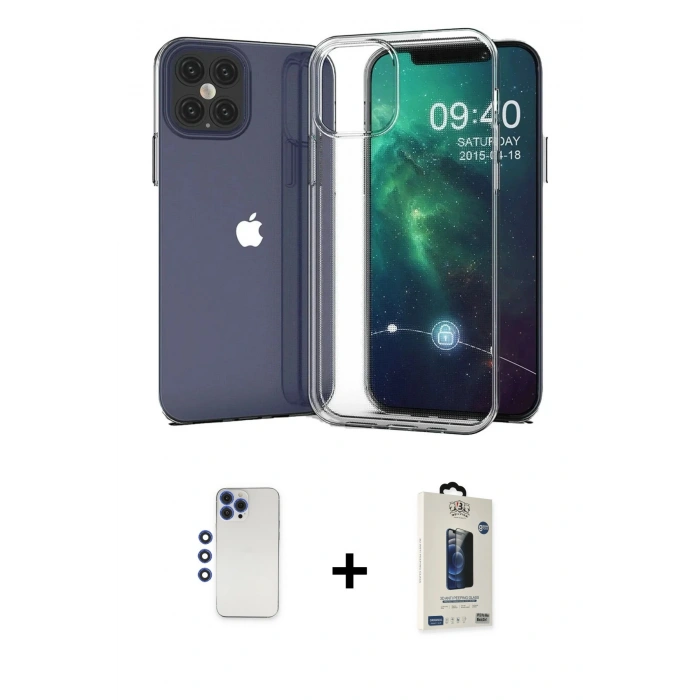 MARSİLYAN™- iPhone 12 Pro Max Kılıf Zirve Doku - Siyah Bilvis Hayalet Cam Ekran Koruyucu + Shine Kamera Lens - LT