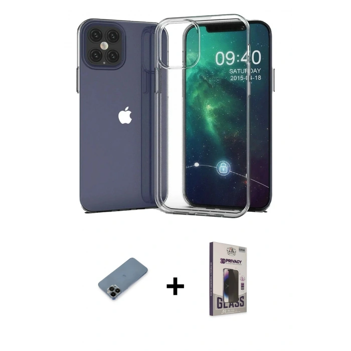 MARSİLYAN™- iPhone 12 Pro Max Kılıf Zirve Doku - Siyah Bilvis Hayalet Cam Ekran Koruyucu + Shine Kamera Lens Koruma Cam - SH