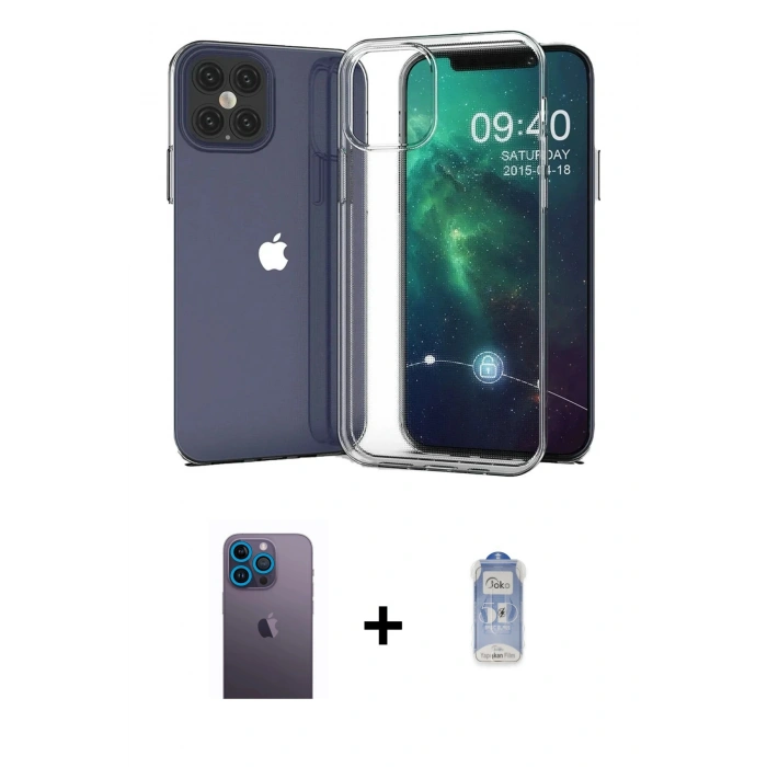 MARSİLYAN™- iPhone 12 Pro Max Kılıf Zirve Doku - Siyah Joko Magic 5D Cam + Neon Fosforlu Kamera Lens - MI