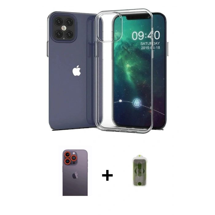 MARSİLYAN™- iPhone 12 Pro Max Kılıf Zirve Doku - Siyah Joko Magic 5D Hayalet Cam + Neon Fosforlu Kamera Lens - TU