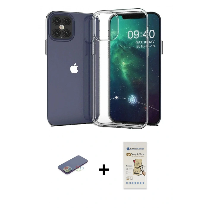 MARSİLYAN™- iPhone 12 Pro Max Kılıf Zirve Doku - Siyah Mat Seramik Nano Ekran Koruyucu + Renkli Kamera Lens Koruma Cam - MI