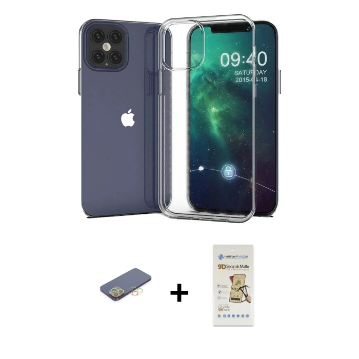 MARSİLYAN™- iPhone 12 Pro Max Kılıf Zirve Doku - Siyah Mat Seramik Nano Ekran Koruyucu + Renkli Kamera Lens Koruma Cam - SI