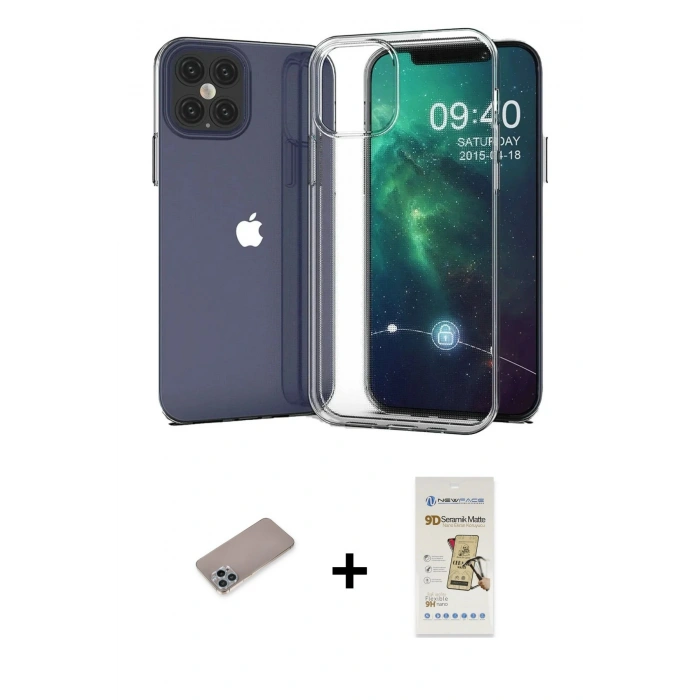MARSİLYAN™- iPhone 12 Pro Max Kılıf Zirve Doku - Siyah Mat Seramik Nano Ekran Koruyucu + Shine Kamera Lens Koruma Cam - SABE