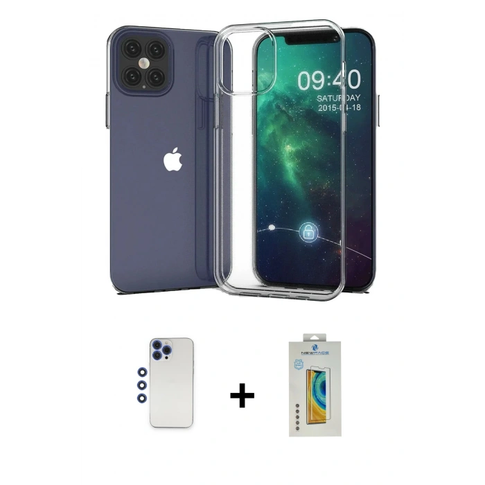 MARSİLYAN™- iPhone 12 Pro Max Kılıf Zirve Doku - Siyah Polymer Nano Ekran Koruyucu + Shine Kamera Lens - LT