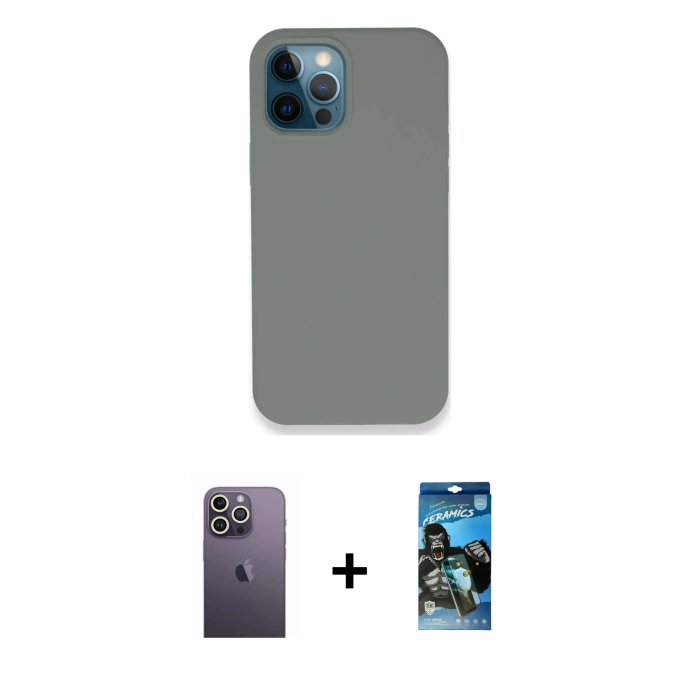 MARSİLYAN™- iPhone 12 Pro Max Kılıf Zirve Modern Özel Seri - Siyah 34D Izgaralı Cam + Neon Fosforlu Kamera Lens - BZ