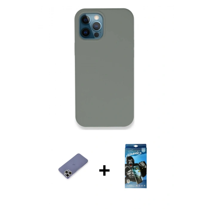 MARSİLYAN™- iPhone 12 Pro Max Kılıf Zirve Modern Özel Seri - Siyah 34D Izgaralı Cam + Metal Kamera Lens Koruma Cam - GD